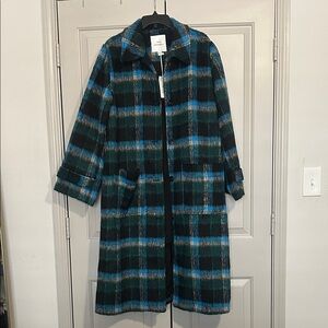 Free Assembly Blue and Black Plaid Wool Trench Coat